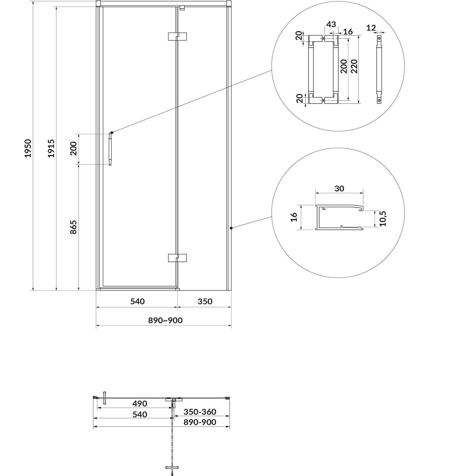 CERSANIT Čtvercový sprchový kout LARGA zlatý matný, pravý 90x90 čiré sklo S601-467