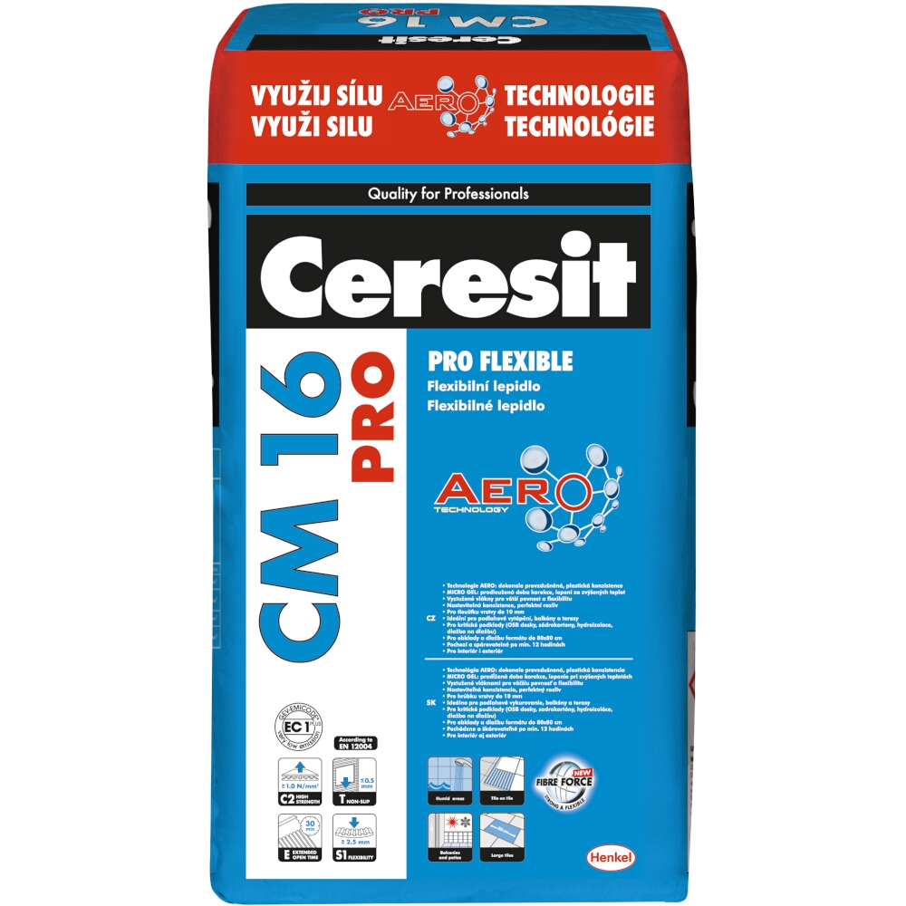 Flexibilní cementové lepidlo na obklady a dlažby Ceresit CM 16 PRO FLEXIBLE, C2TES1, 25 kg 