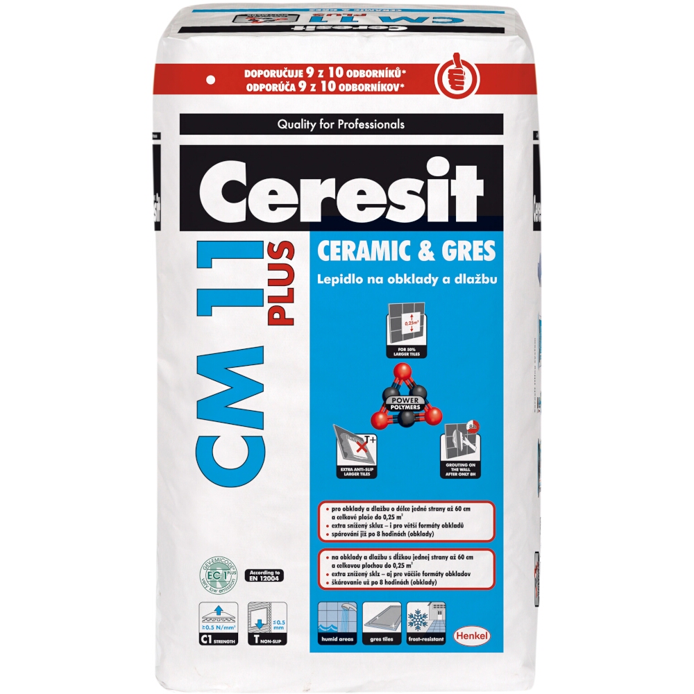 Tenkovrstvé lepidlo pro gresové obklady a dlažbu Ceresit CM 11 PLUS, C1T, 25 kg 