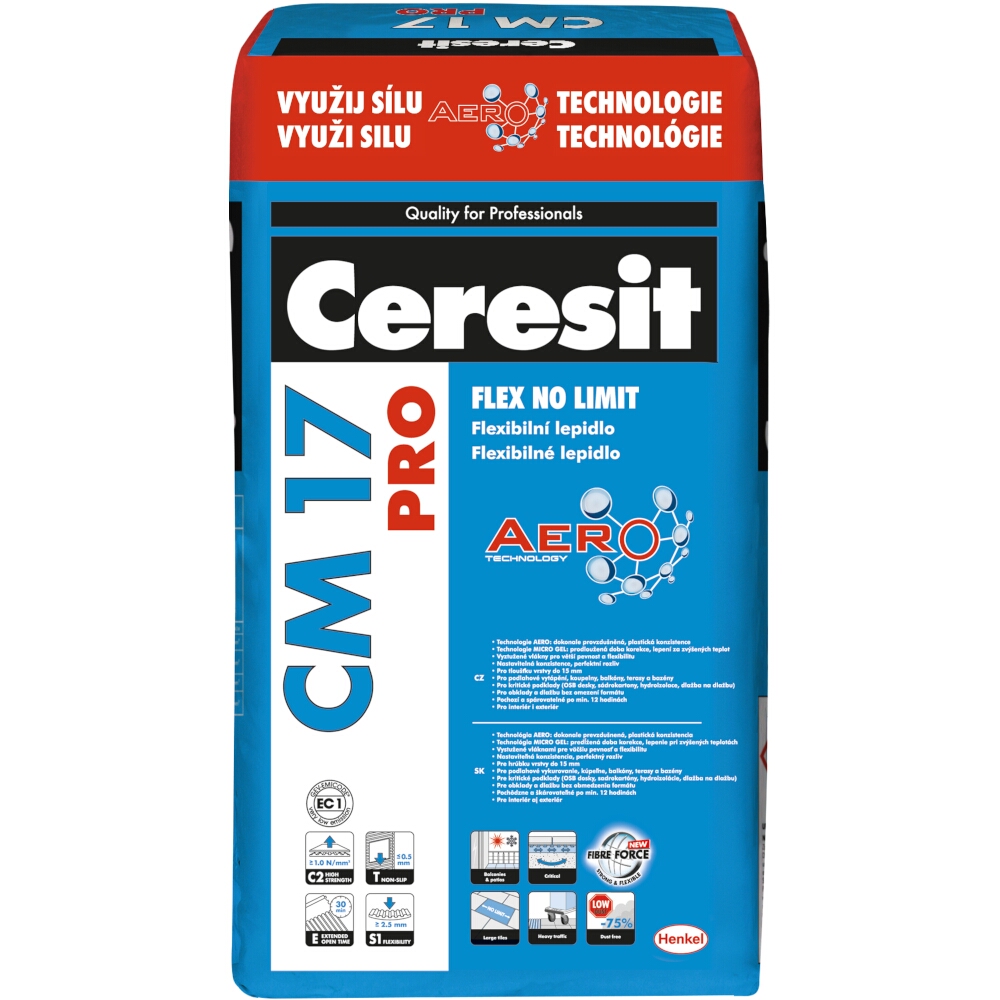 Vysoce flexibilní cementové lepidlo na obklady a dlažby Ceresit CM 17 PRO Flex No Limit, C2TES1, 25 kg 